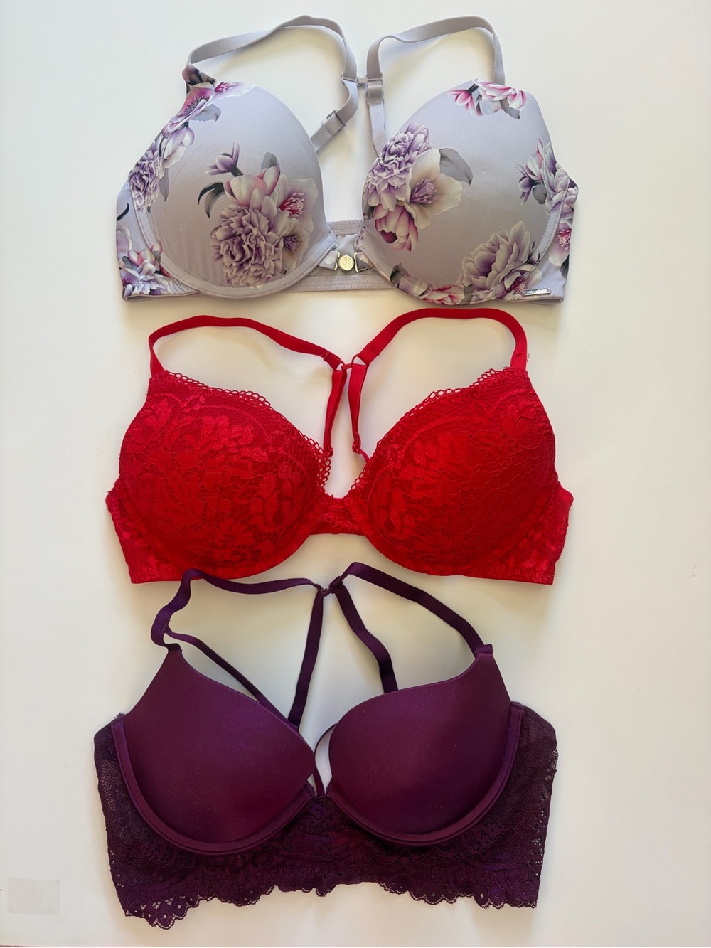 3 pack bundle Floral Gray Bra, Red Lace Bra, and Purple bra Set size 34C